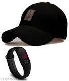 Black cotton baseball cap with self-design print and adjustable fit, featuring a black LED band watch combo. Pack of 2 sporty men's caps from Ediko." (106 characters)