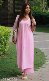 Ayera Women cotton katha kurta sets, solid net A-line Palazzo set in baby pink for casual, festive & party occasions