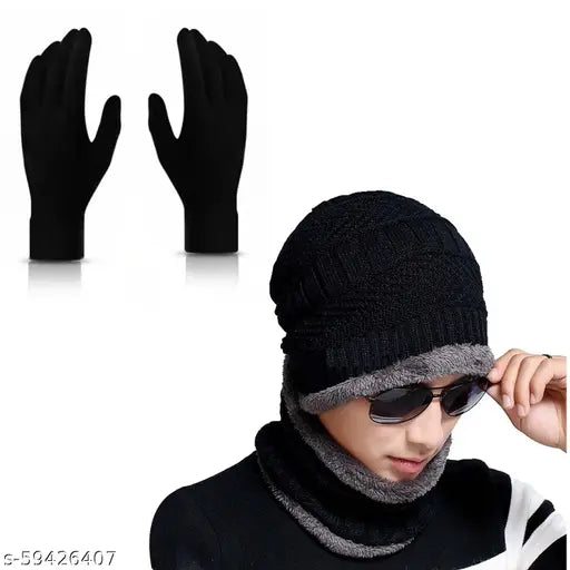 Black textured woolen beanie cap set with neck warmer and gloves for winter, super warm and snow proof, ideal for men, women, and children