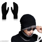 Black textured woolen beanie cap set with neck warmer and gloves for winter, super warm and snow proof, ideal for men, women, and children