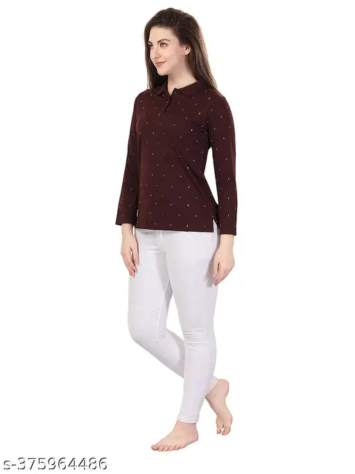 Polka-print cotton blend women's long sleeves t-shirt, sweet touch design with straight hem and pull-on closure. Made in India (M, 38 in bust; L, 40 in bust; XL, 42 in bust; XXL, 44 in bust)