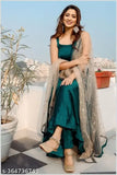 Green solid Anarkali Kurta with dupatta and bottomwear set (2 pieces), art silk fabric, embroidered patterns, three-quarter sleeves. Sizes: S, M, L, XL. Made in India