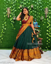 Traditional Kanjivaram Silk Lehenga with Blouse, heavy Jacqurad jari work dupatta. Indian silk party wear for women
