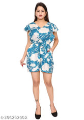 Ladik way blue printed cotton blend casual V neck jumpsuit, short sleeves, floral design for women and girls. Back zip closure, elastic waist and belted, short ruffled sleeves, side pocket. Summer fashion accessory. Made in India