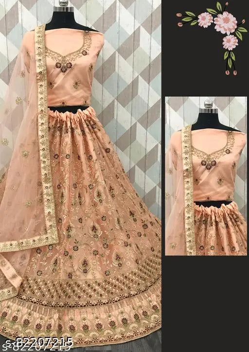 Peach net lehenga, choli, and dupatta with embroidery, ideal for regular occasions. Free size, 42m waist, 42m length, and 2.5m dupatta length. Indian-made, versatile for parties, weddings, festivals, and casual wear