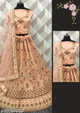 Peach net lehenga, choli, and dupatta with embroidery, ideal for regular occasions. Free size, 42m waist, 42m length, and 2.5m dupatta length. Indian-made, versatile for parties, weddings, festivals, and casual wear