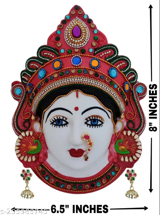 Red plastic Mahalakshmi face figurine (6.5x8 inches), Hindu goddess of wealth and prosperity for home or office decor