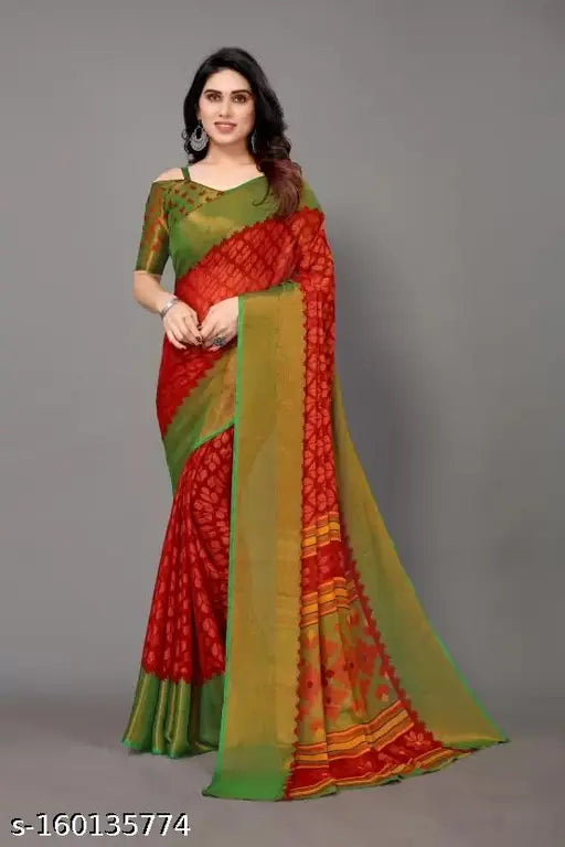 Chiffon digital flower printed saree with brown running blouse, beautiful geometric print and zari border work, free size, India origin