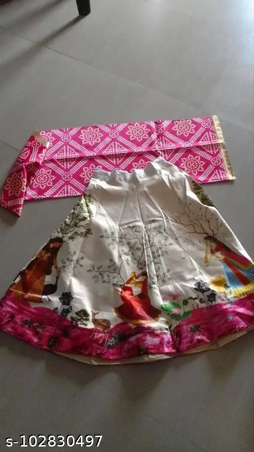 Silk blend Madhubani print panihari kids lehenga choli, three-quarter sleeves, traditional Indian kids wear for festivals