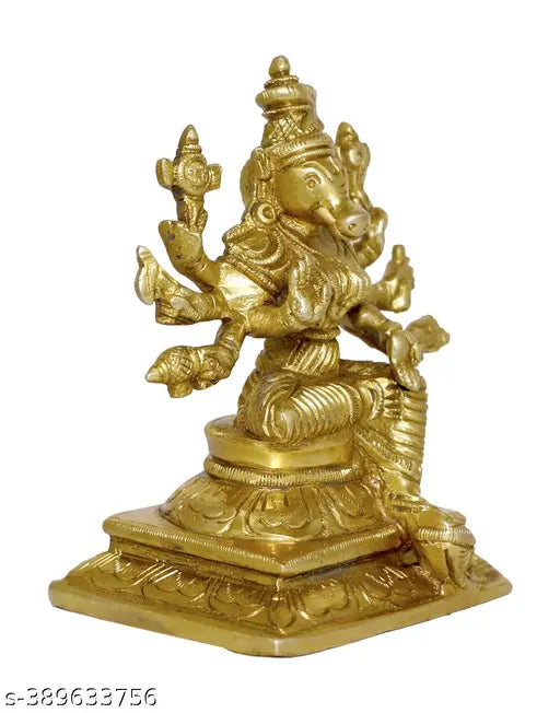 Golden brass Hindu god idol decor item, 13.5cm tall, 6.5cm wide, 11cm deep - perfect for living room or bedroom. Ideal for spiritual, Feng Shui, or religious decor
