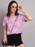 Cotton oversized lavender printed women's t-shirt from India, featuring smiling design on short sleeves