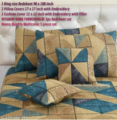 Multicolor 5pc bedsheet set, cotton flat sheets with geometric pattern, embroidery, king size (90x100 inch), 2 pillow covers (17x27 inch) & 2 cushions (12x12 inch), ideal for summer, stain resistant, and breathable