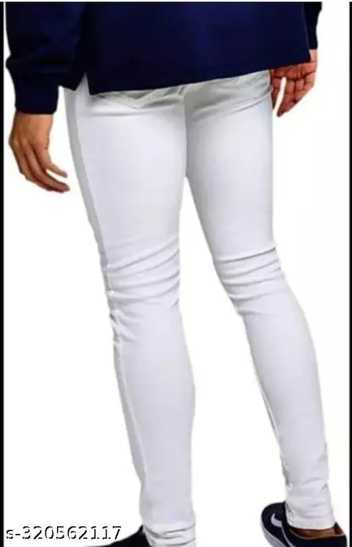 Mod Men Plain White Denim Jeans, solid style for men's wardrobe, Made in India (size 28/30/32 waist & hip sizes provided)