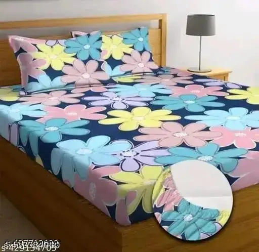 Multi-colored glace cotton double bed sheet with 2 pillow covers (72x78x8 inches), superfine botanical print, ideal for summer and mild winter seasons