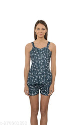 Navy blue poly silk women's tank top & short set with printed net pattern, soft & breathable for nightwear