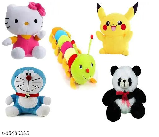 Soft kitty cotton toy combo (25-55cm): Pikachu, Doremon caterpillar with panda ribbon - Adorable plush toy for kids aged 1-2 years, made in India