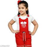 Red dungaree cotton blend kids' dress set with Mickey Mouse print, including a half sleeve white t-shirt and frock. Available in sizes for ages 1-2, 2-3, 3-4, 4-5, 5-6 years. Made in India