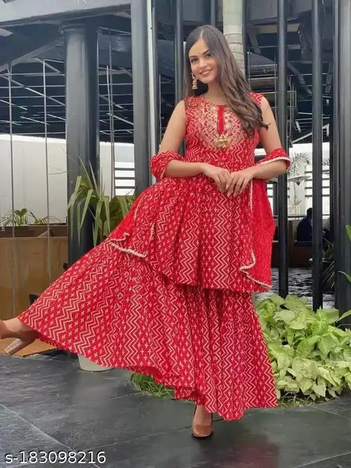 Elegant red rayon Anarkali kurta with dupatta and bottomwear set - vibrant printed design, sleeveless, pack of 3 - perfect for festive occasions