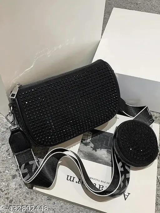 Faux leather sequin sling bag with coin pouch, wide shoulder strap. Stylish evening clutch purse for women, vegan friendly. Handcrafted in China