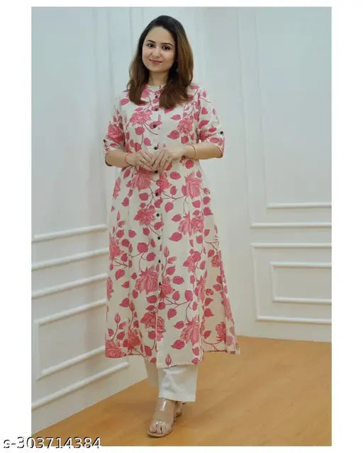 Printed cotton A-line kurti, three-quarter sleeves, fashionable Princess cut on model