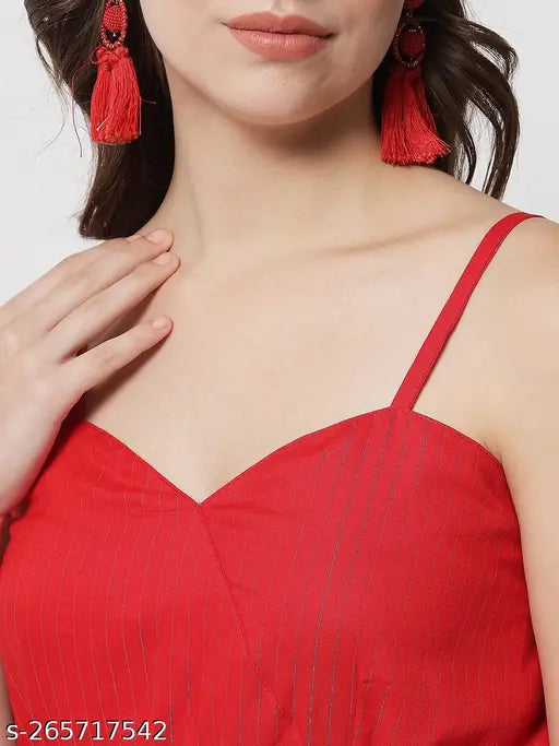 Red Rayon dupatta set for women's wear, IkDaiya Women's Wear single set with sleeveless kurta and bottomwear, showcases solid pattern on display stand