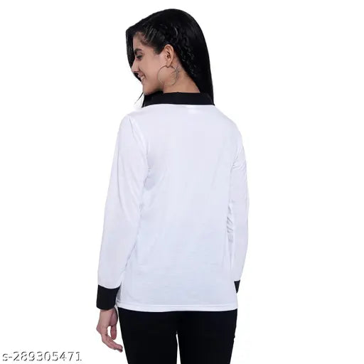 Women's solid white long-sleeve cotton blend t-shirts, JUSTAPOSE brand