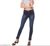 Dark blue stretchable denim jeans for women, high-quality Solid print, 5-pocket mid-rise style from Jac Fashion. Color may vary due to display settings." (124 characters)
