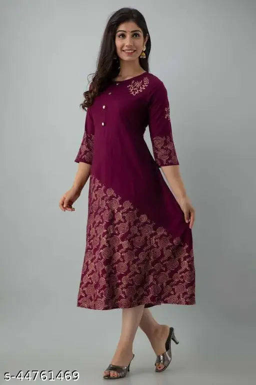 Purple wine printed rayon flared Anarkali Kurta, three-quarter sleeves, perfect for women & girls' wardrobe, country of origin: India