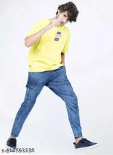 Navy denim men's cargo jogger pants with tech stretch fabric and trendy design