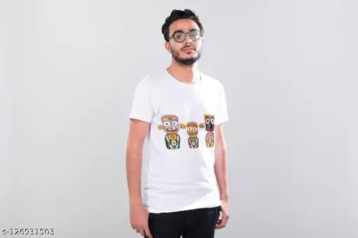 Cotton Jagannath Puri Rath Yatra T-shirt, printed net design for devotees, half sleeves, white