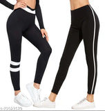 Striped cotton Lycra yoga tights for women, comfortable pack of 2 - Indian-made athletic apparel