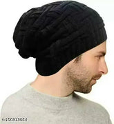 Black wool beanie, solid pattern, warm winter accessory from India