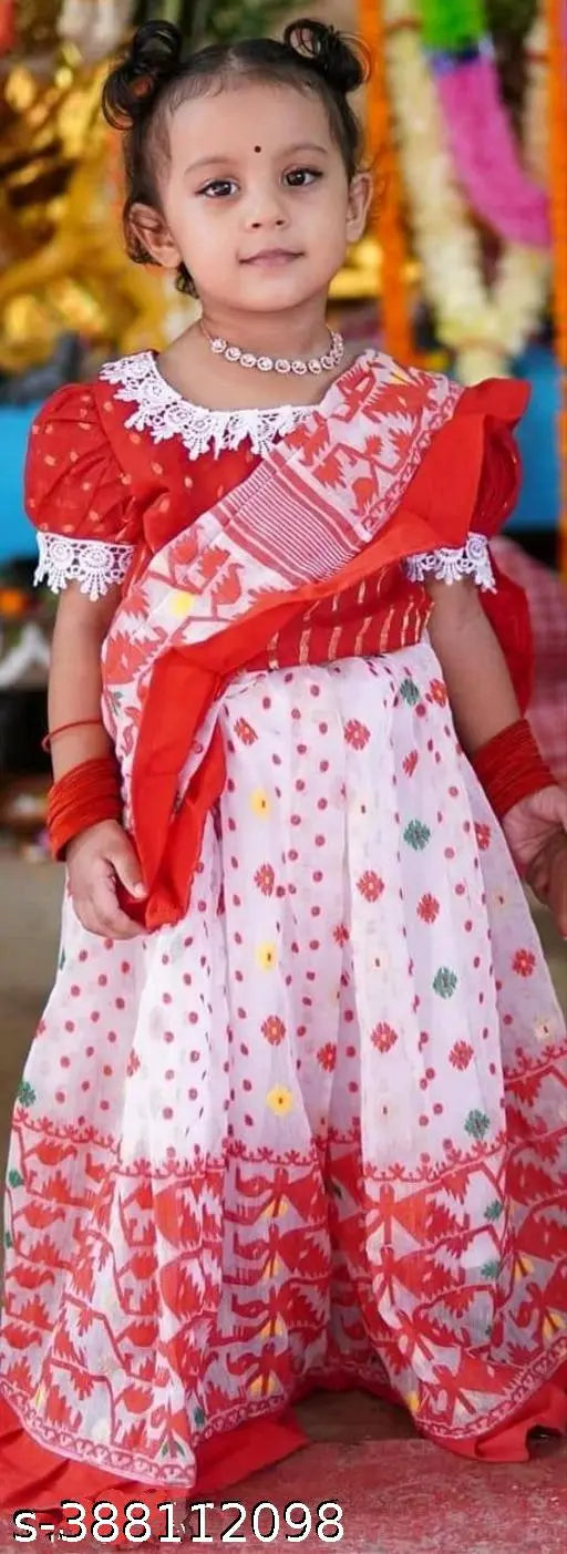 White and red Minakari Jamdani baby lehenga with blouse dupatta, featuring cotton silk lehenga and printed net dupatta. Artistic woven design on long-sleeved top, perfect for special occasions. Indian-made