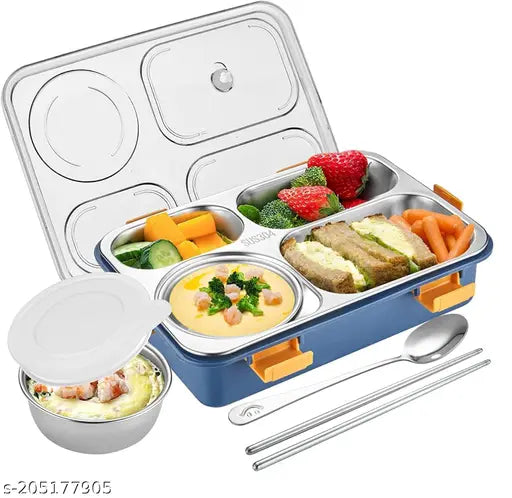 Multicolor stainless steel 4-compartment lunch box for kids & adults, ideal for school, office, or travel. Includes fork, spoon, and chopsticks set. Indian origin