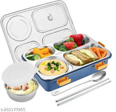 Multicolor stainless steel 4-compartment lunch box for kids & adults, ideal for school, office, or travel. Includes fork, spoon, and chopsticks set. Indian origin