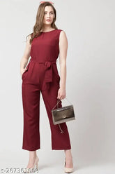 Solid maroon sleeveless crepe jumpsuit for women, modern style and fashionable front tie-up design