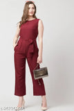 Solid maroon sleeveless crepe jumpsuit for women, modern style and fashionable front tie-up design