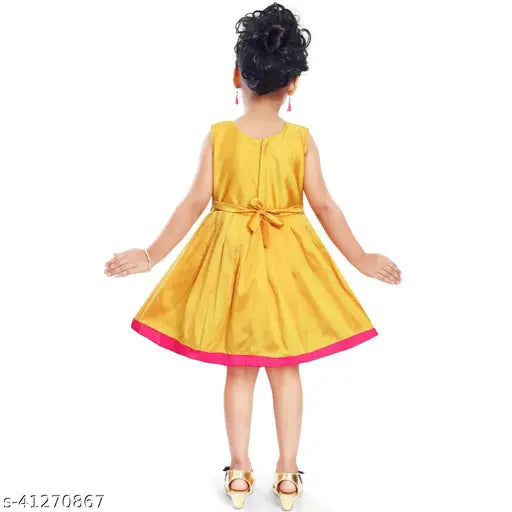 Yellow embroidered satin sleeveless kids' frock for special occasions, intricate floral pattern, designed for formal events (Country of Origin: India)