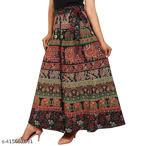 Cotton wrap-around skirt, printed sanganeri design from India, free size