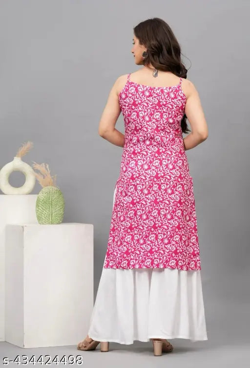 Rayon printed net kurta with sharara bottomwear, sleeveless and vibrant fashionable outfit for women