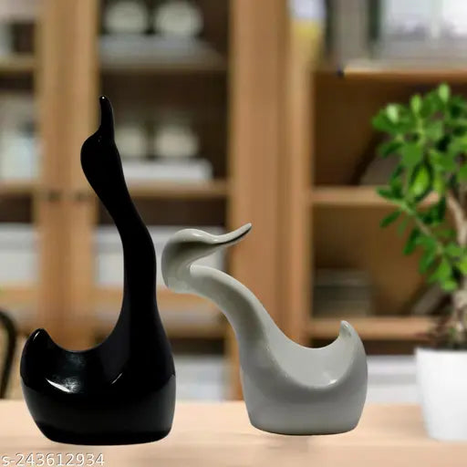 Black & white ceramic hugging swan sculptures, modern romantic home decor for office bookshelves (2 pc set)