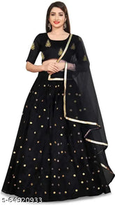 Black embroidered and colorblocked lehenga choli set, semi-stitched with jari work on lehenga and heavy embroidery on blouse