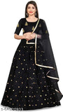 Black embroidered and colorblocked lehenga choli set, semi-stitched with jari work on lehenga and heavy embroidery on blouse