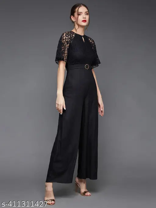 Black viscose rayon flared sleeve floral raglan jumpsuit, self-design net pattern, XS to XXL sizes