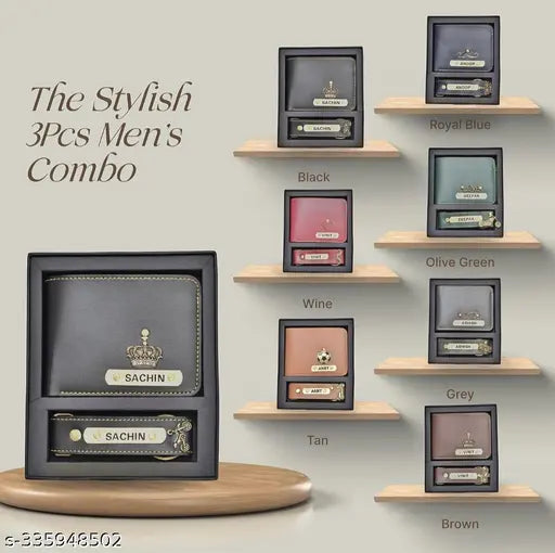 Personalised faux leather wallet and keychain set for men, customizable with name and initials, free size (11cm x 9cm)