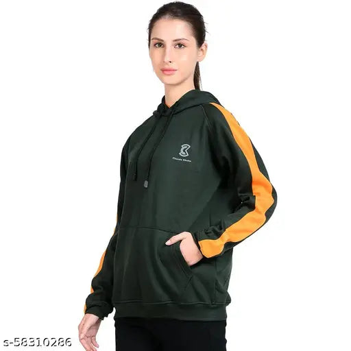 Dark Green & Orange women's cotton blend sweatshirt with kangaroo pocket, full sleeve, hoodie - Chanda Khuba