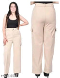 Beige khaki casual women's cargo pants, 4 pockets