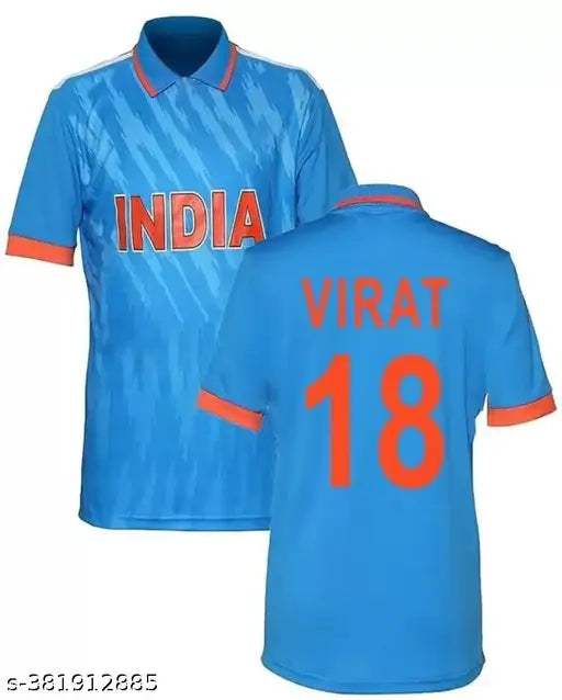 India cricket team jersey polyester, printed short sleeves, Virat Kohli fans jersey 23/24 season, high quality, soft & cool digital print. Sizes available: S (36in chest, 23in length), M (38in chest, 24in length), L (40in chest, 25in length), XL (42in chest, 26in length). Made in India