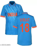 India cricket team jersey polyester, printed short sleeves, Virat Kohli fans jersey 23/24 season, high quality, soft & cool digital print. Sizes available: S (36in chest, 23in length), M (38in chest, 24in length), L (40in chest, 25in length), XL (42in chest, 26in length). Made in India