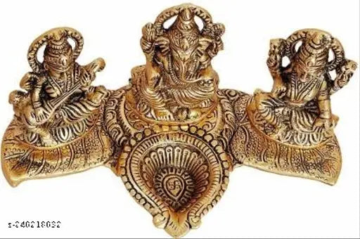 Gold-plated Laxmi Ganesh Saraswati idol, 18x7x10 cm decorative showpiece on a table or floor, Indian spiritual home decor
